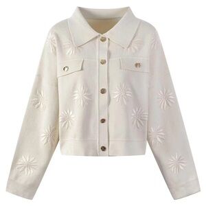 SANDRO Cream and Embroidered Sweater Jacket/ Cardigan